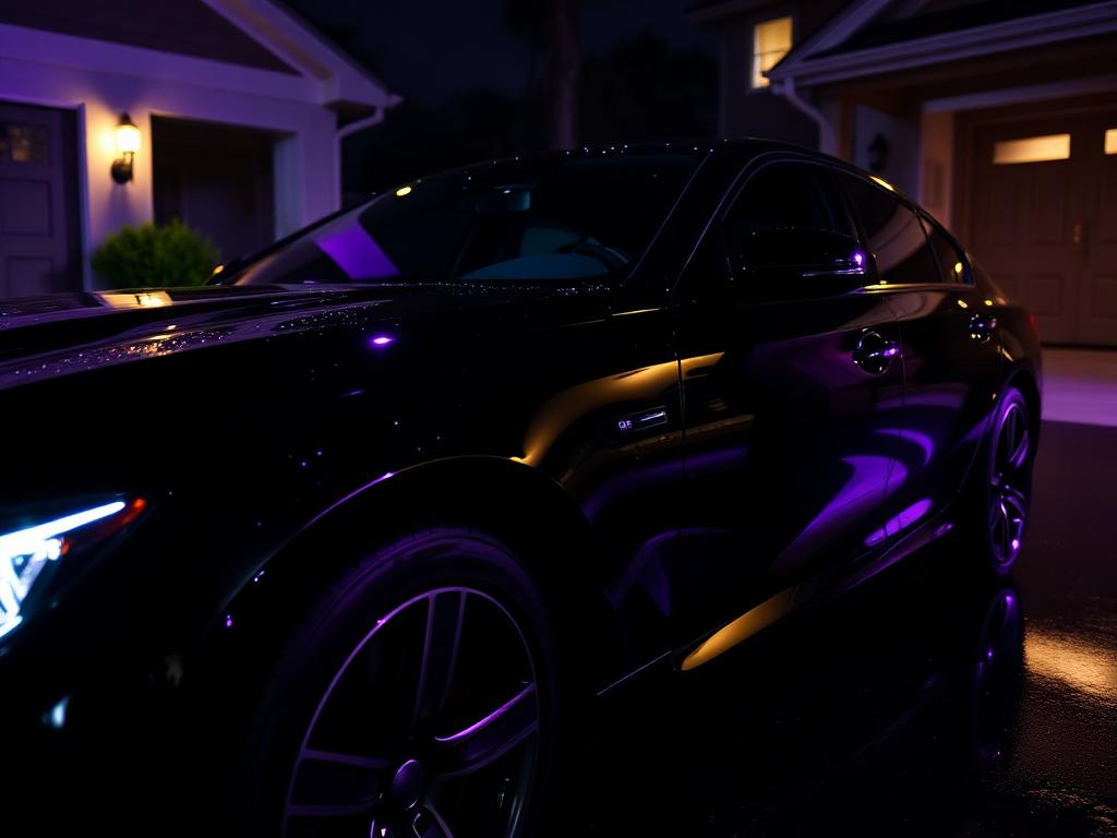 Freshly detailed glossy black sedan in a driveway at night